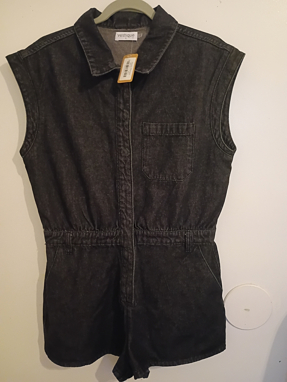 Vestique Women's‎ Sleeveless Black Denim Romper Pockets Sz L NWT